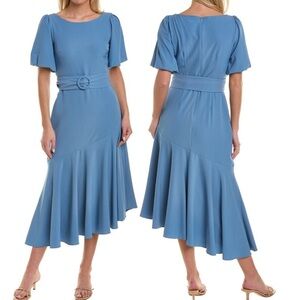 Taylor Blue Belted Crepe Midi Dress Size 10